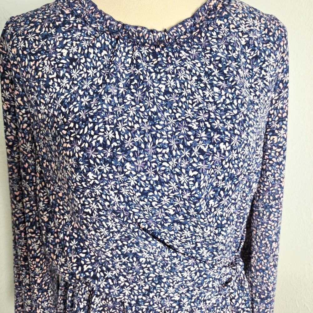 Banana Republic Blue & Pink Floral Ruffle-Neck Dress, Ties on the Side, Size 14 - Picture 5 of 15